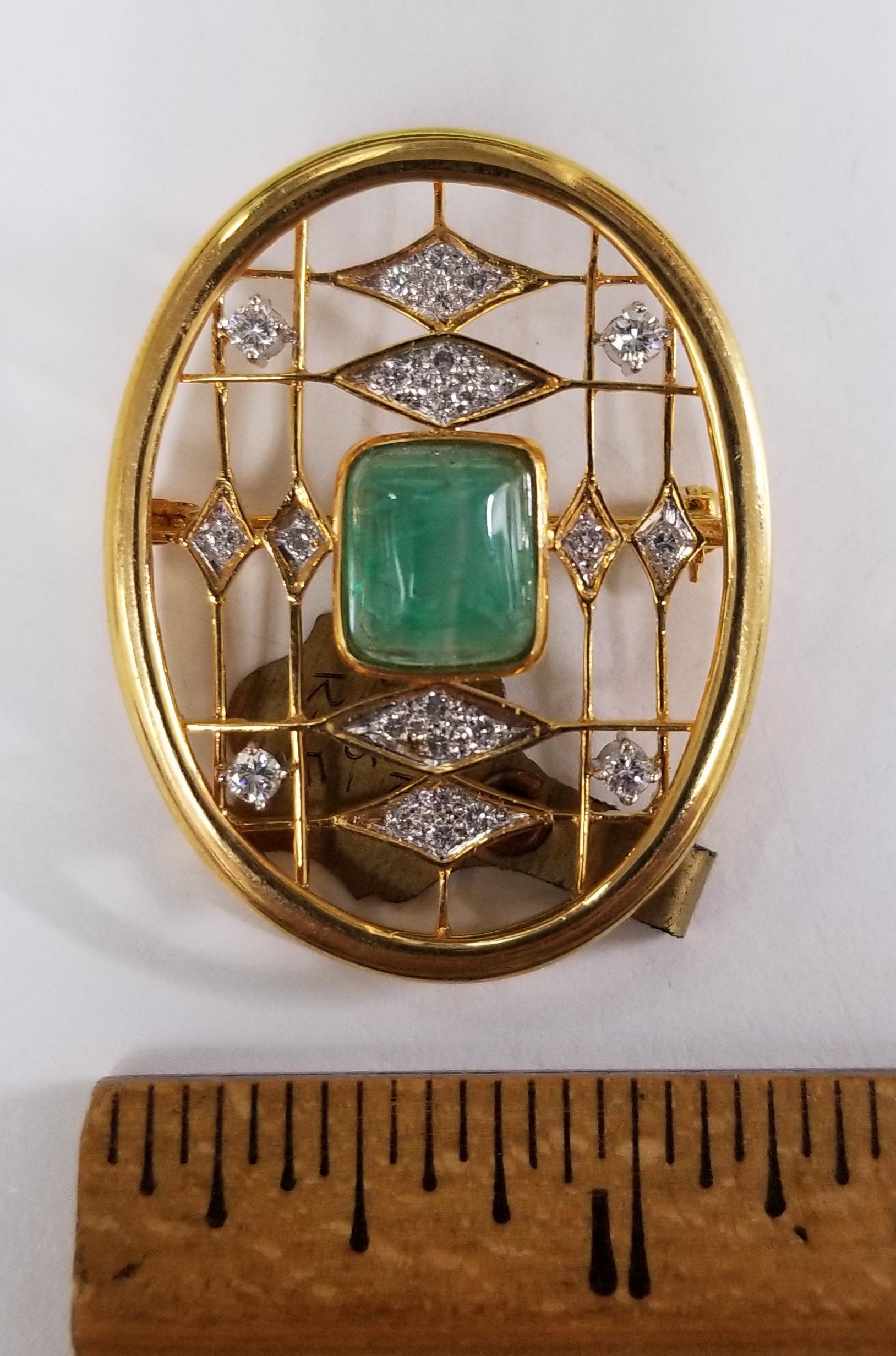 14 Karat Emerald and Diamond Pin Containing 1 Cushion Cut Cabochon Emerald For Sale 1