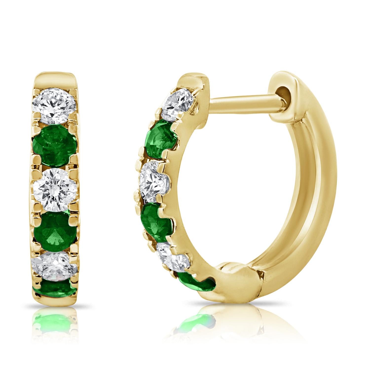Contemporary 14K Emerald & Diamond Alternating Huggie Earrings For Sale