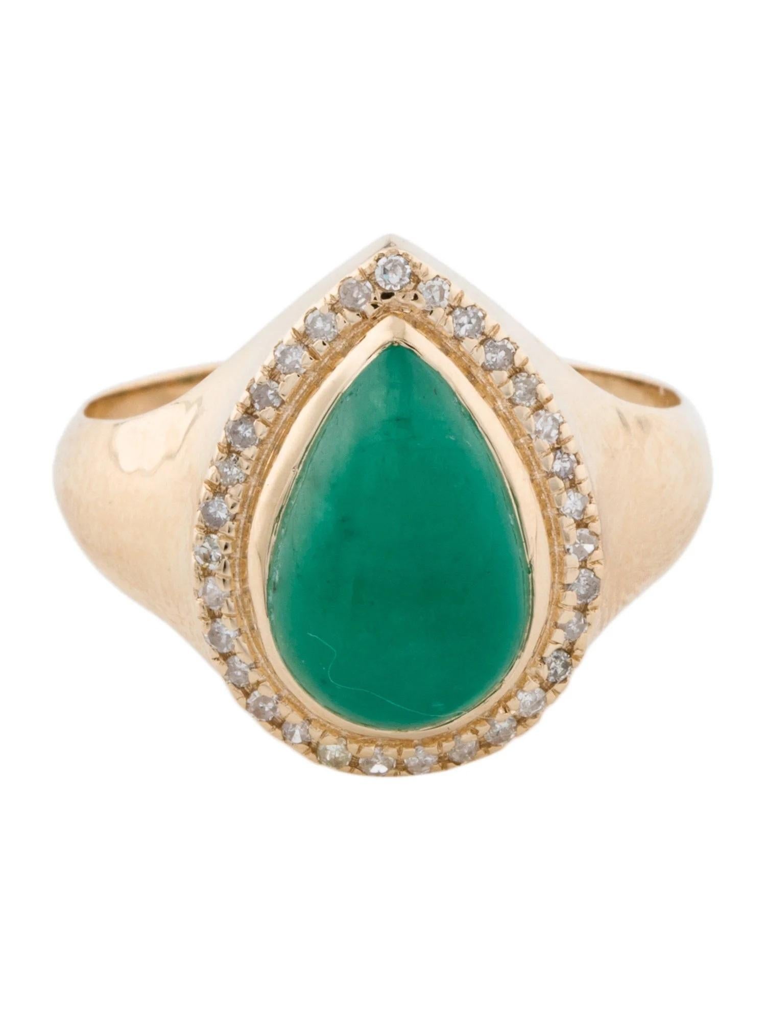 Artist 14K Emerald & Diamond Cocktail Ring  Pear Shaped Cabochon Emerald  Yellow Gold