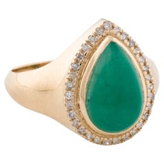 14K Emerald & Diamond Cocktail Ring  Pear Shaped Cabochon Emerald  Yellow Gold