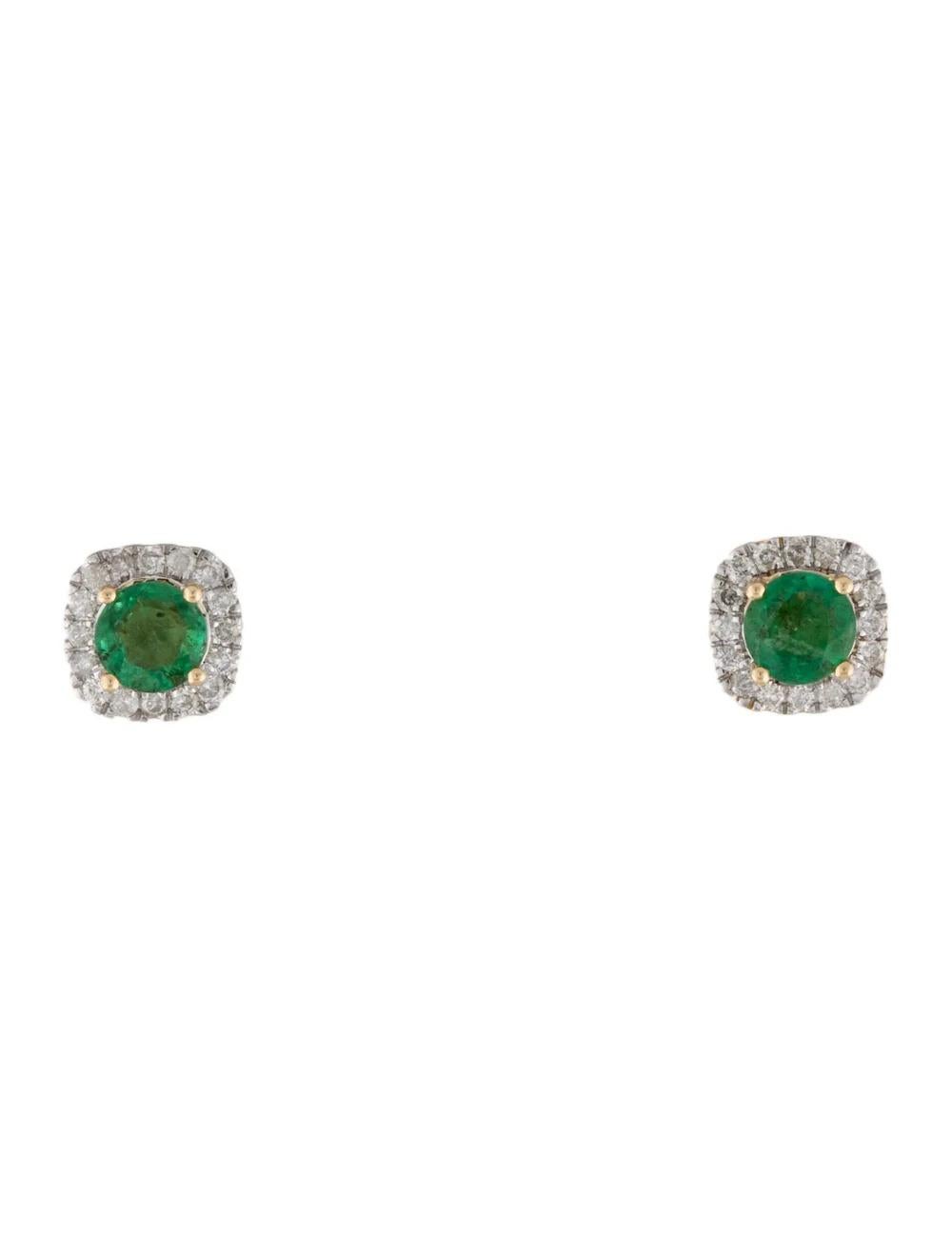 Enhance your elegance with these exquisite 14K Yellow Gold Emerald & Diamond Halo Stud Earrings. Crafted to perfection, these earrings feature a stunning 0.70 Carat Mixed Cut & Round Emerald surrounded by a halo of 32 sparkling Round Brilliant