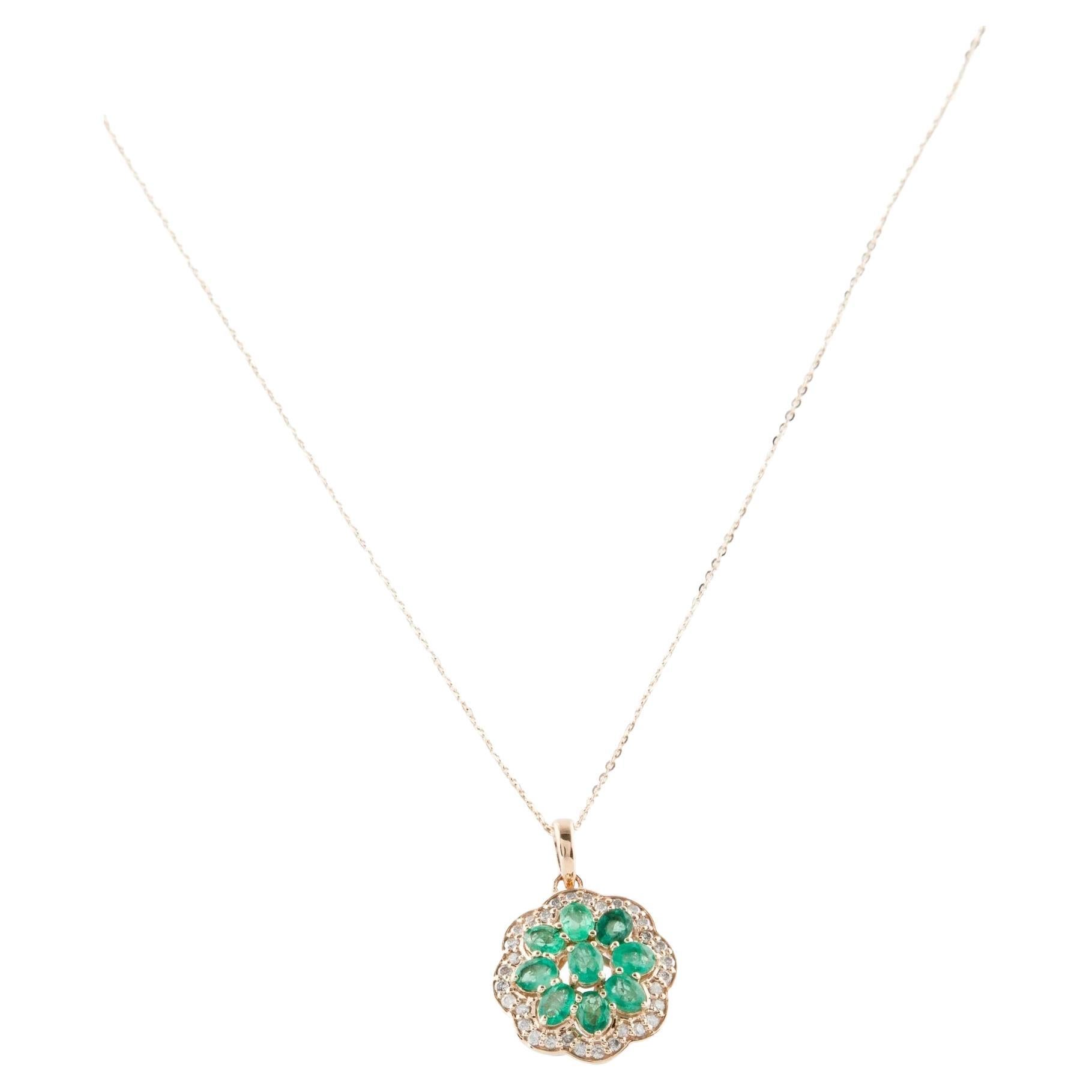 14K Emerald & Diamond Pendant Necklace  Faceted Oval Emerald  Near Colorless D For Sale
