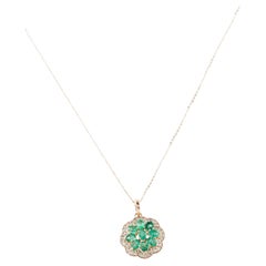 14K Emerald & Diamond Pendant Necklace  Faceted Oval Emerald  Near Colorless D