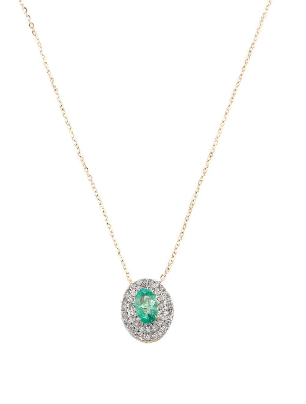 Elevate your elegance with this enchanting 14K Yellow Gold pendant necklace, featuring a captivating 0.52 Carat Faceted Oval Emerald embraced by sparkling diamond accents.

SPECIFICATIONS:

* Metal Type: 14K Yellow Gold
* Total Item Weight: 2.5g
*