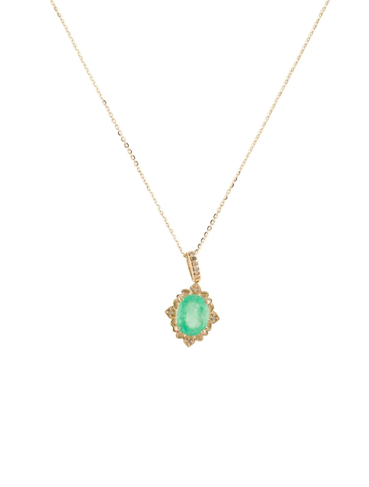 Emerald Cut 14K Emerald & Diamond Pendant Necklace  Yellow Gold  Oval Faceted Emerald For Sale