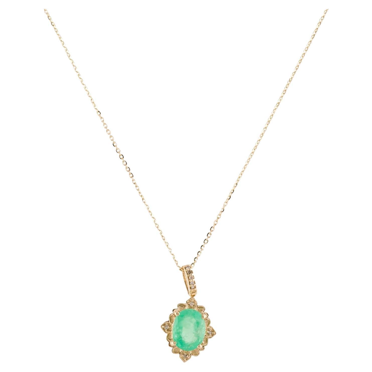 14K Emerald & Diamond Pendant Necklace  Yellow Gold  Oval Faceted Emerald For Sale