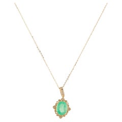 Collier pendentif émeraude et diamant 14K Or jaune Émeraude ovale facettée