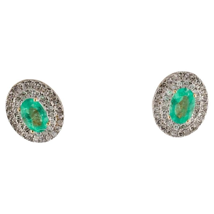 14K Emerald & Diamond Stud Earrings - Timeless Elegance, Genuine Gemstones For Sale