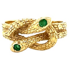 14K Emerald Eyes Textured Snake Ring, Cocktail Statement Ring