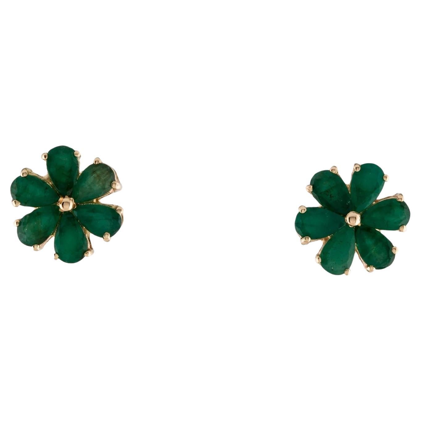 14K Emerald Flower Stud Earrings - 2.36 Carat Pear Shaped Emeralds For Sale