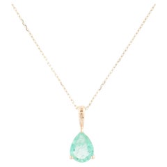 14K Emerald Pendant Necklace - 0.73 Carat Pear Emerald