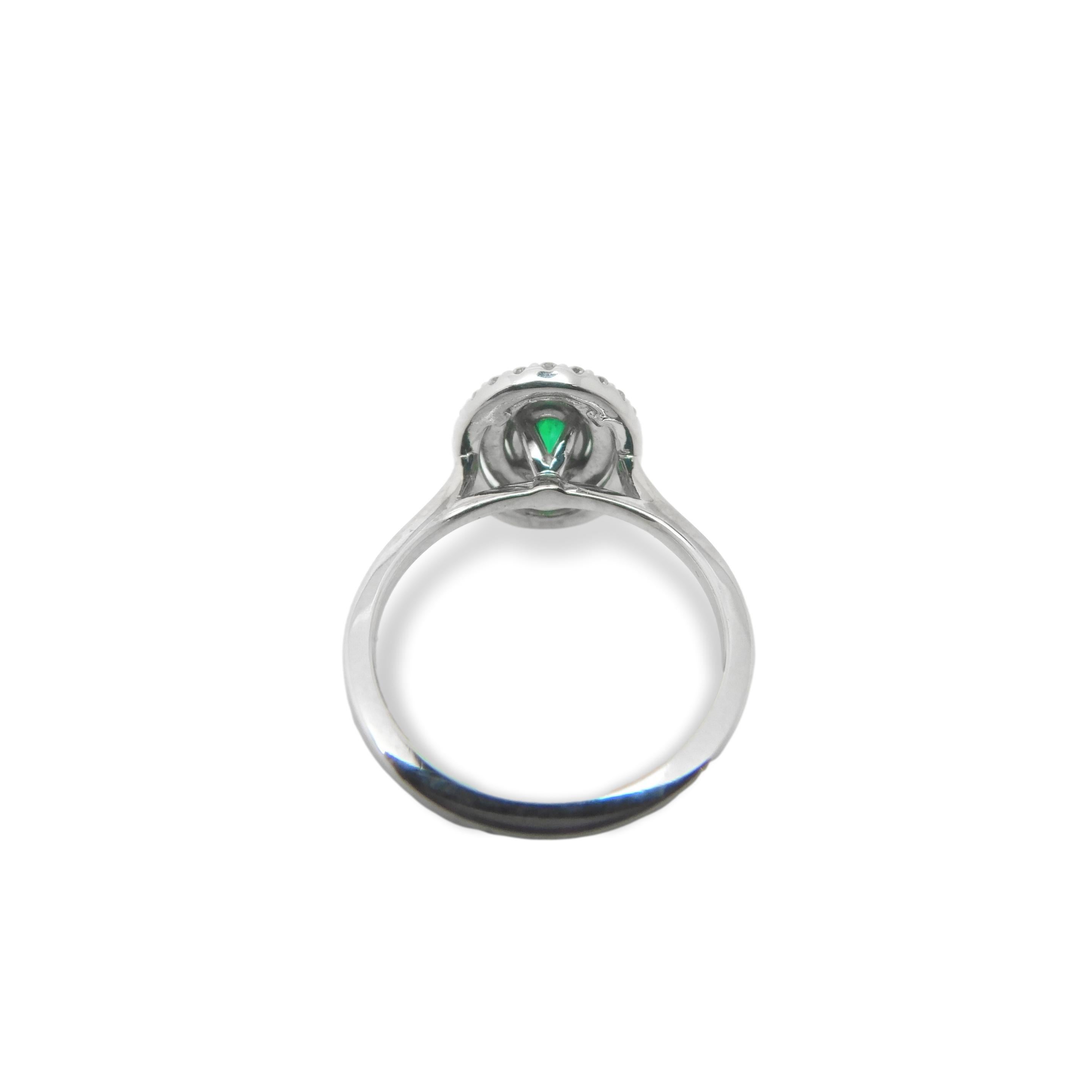 Contemporary 14K Emerald Ring with Double Diamond Halo For Sale