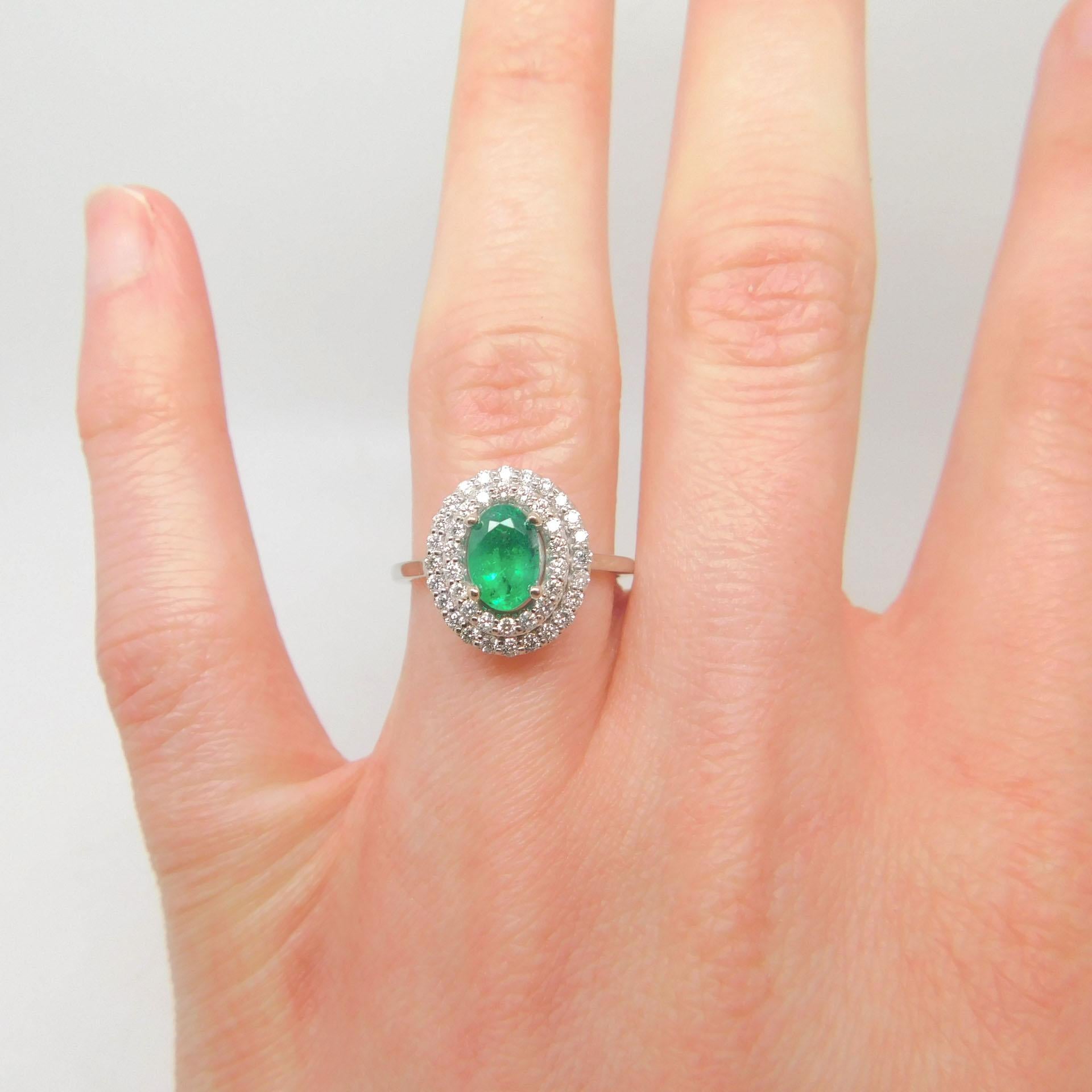 14K Emerald Ring with Double Diamond Halo In Good Condition For Sale In Big Bend, WI