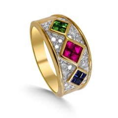 14 Karat Emerald Rubi Sapphire and Diamond Ladies Ring