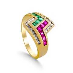14 Karat Emerald, Ruby and Diamond Ladies Ring
