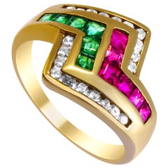 14 Karat Emerald, Ruby and Diamond Ladies Ring