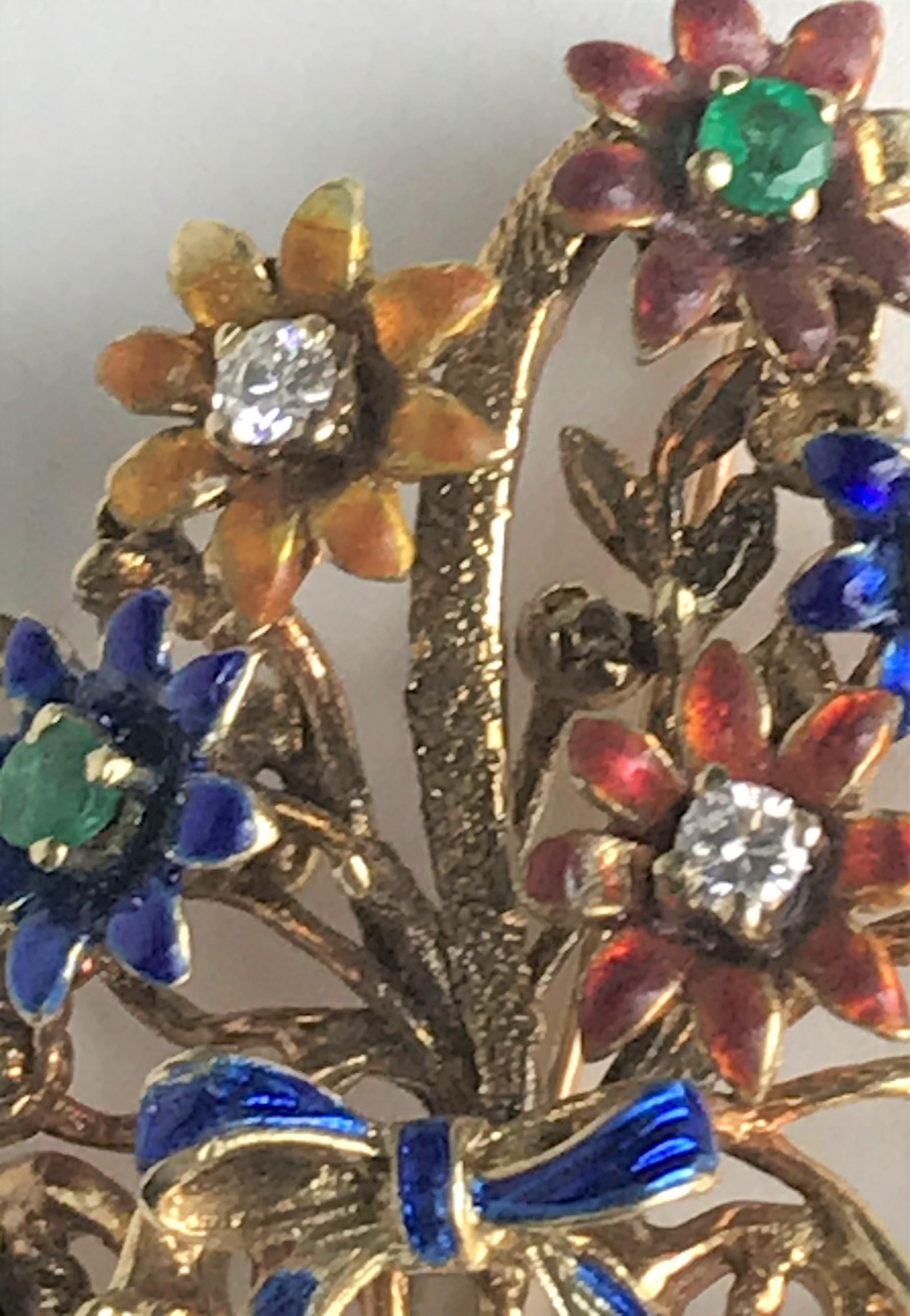 14 Karat Enamel Flower Basket Brooch with Diamonds Rubies In Good Condition In Cincinnati, OH