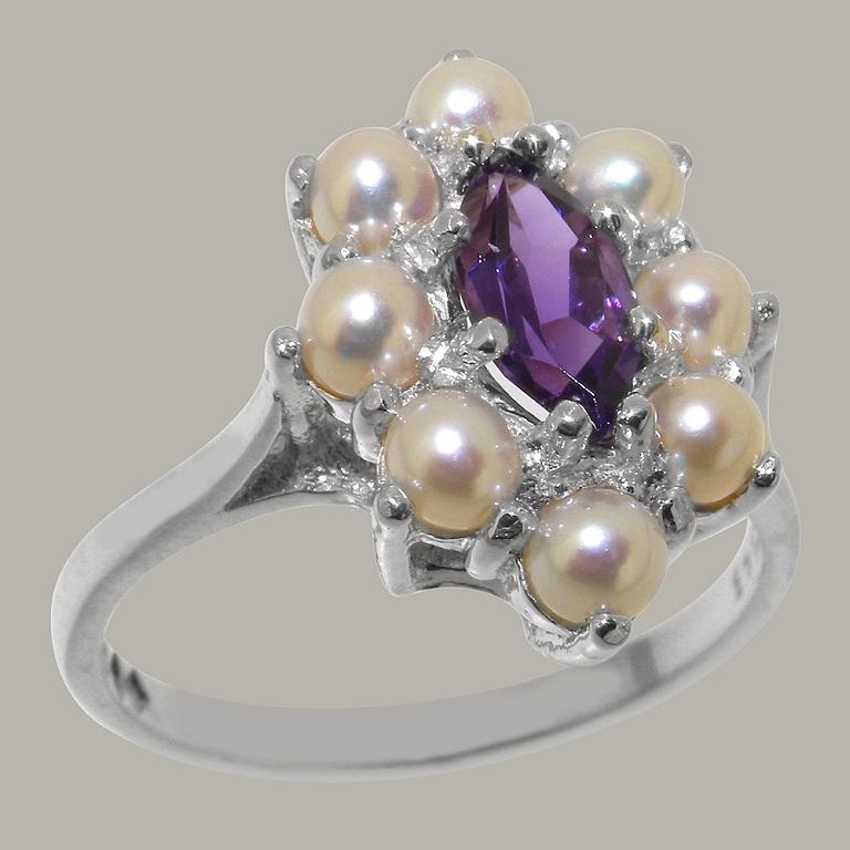 For Sale:  14K English White Gold Natural Marquise Amethyst & Pearl Cluster Customizable 2