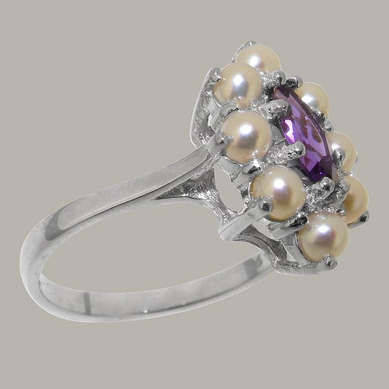 For Sale:  14K English White Gold Natural Marquise Amethyst & Pearl Cluster Customizable 3