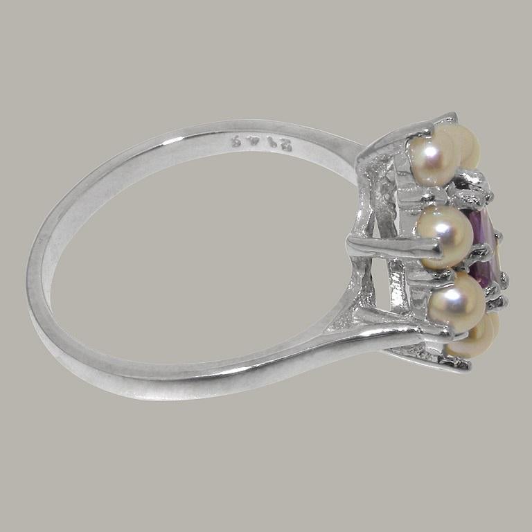 For Sale:  14K English White Gold Natural Marquise Amethyst & Pearl Cluster Customizable 4