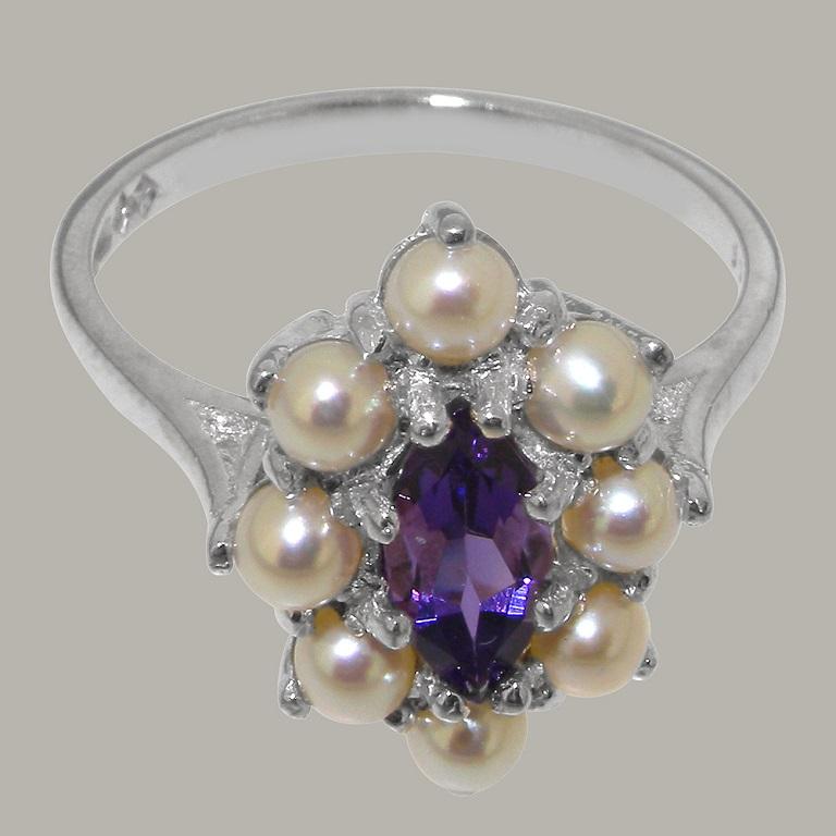 For Sale:  14K English White Gold Natural Marquise Amethyst & Pearl Cluster Customizable 5