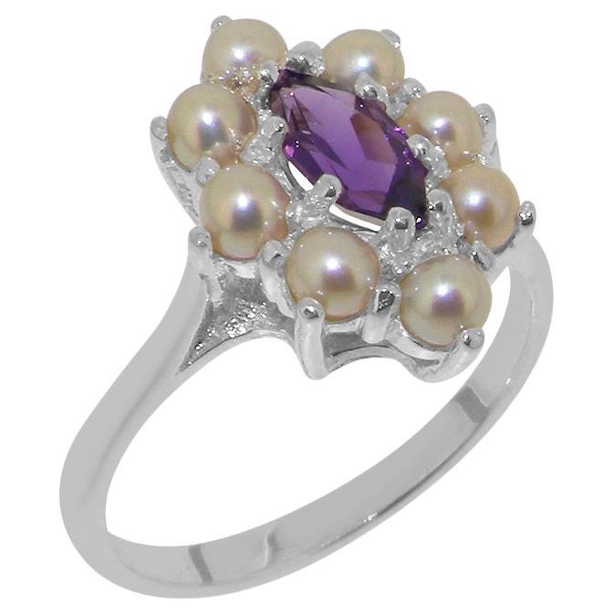 14K English White Gold Natural Marquise Amethyst & Pearl Cluster Customizable