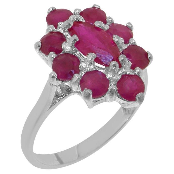 For Sale:  14K English White Gold Natural Ruby Marquise and Cluster Flower Customizable
