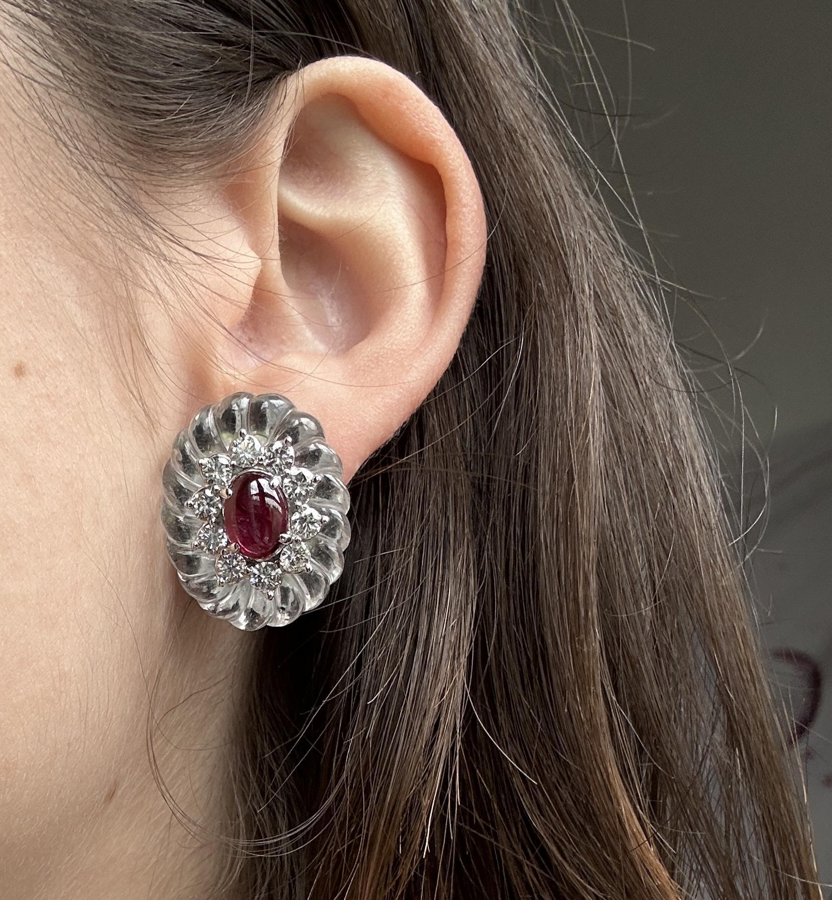 14k Estate Rock Crystal Diamond and Ruby Earrings In Good Condition For Sale In New York, NY