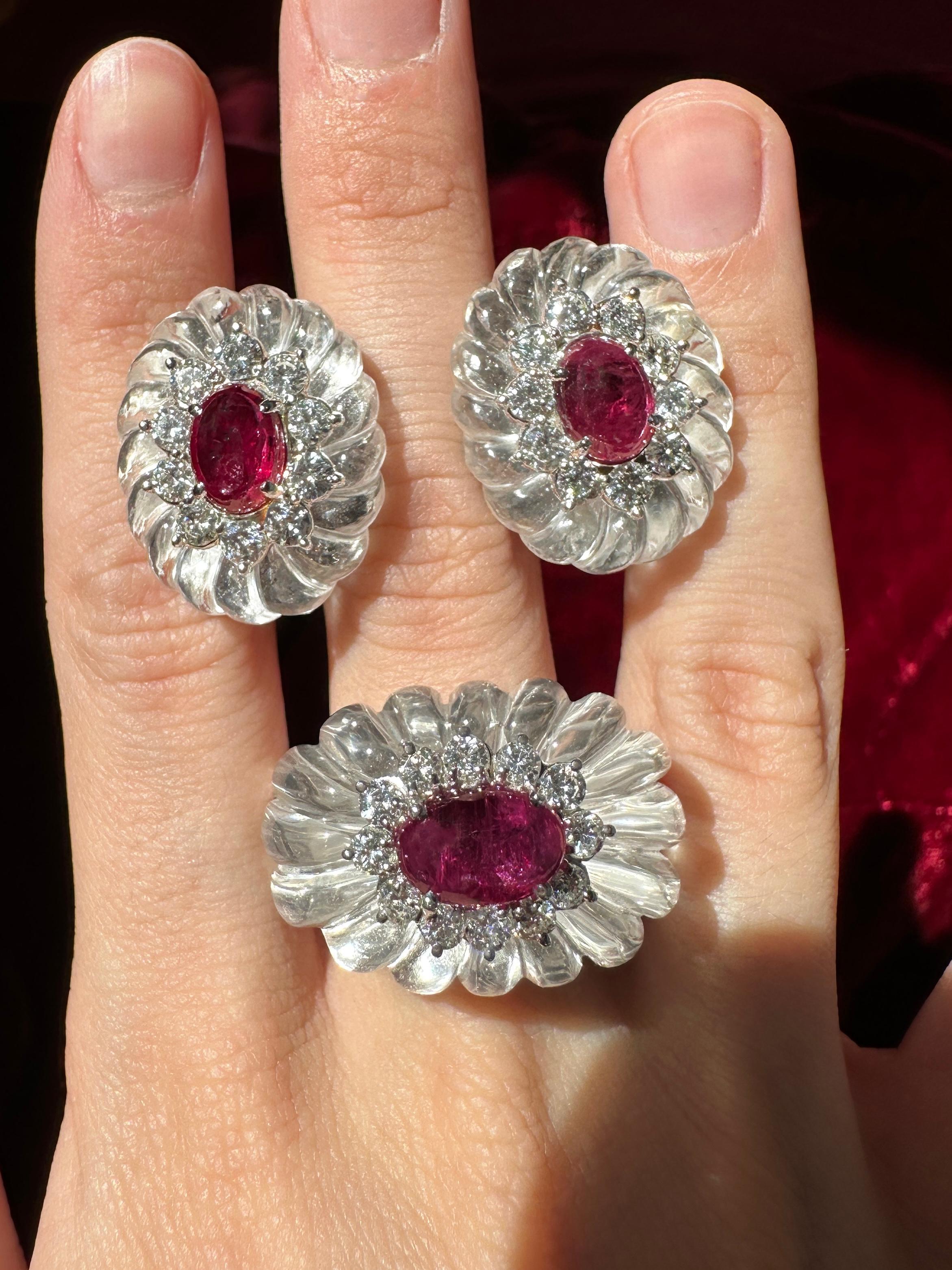 Women's 14k Estate Rock Crystal Diamond and Ruby Earrings For Sale