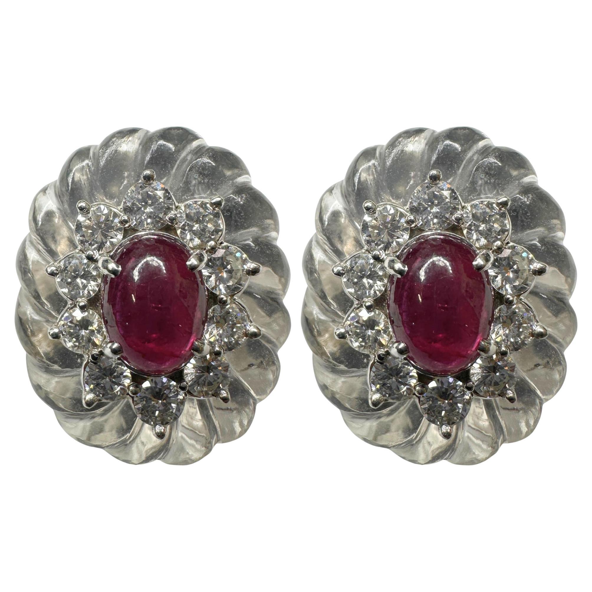 14k Estate Rock Crystal Diamond and Ruby Earrings For Sale