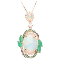 14K Ethiopian Opal and Emerald Halo Pendant with Tsavorites & Diamonds