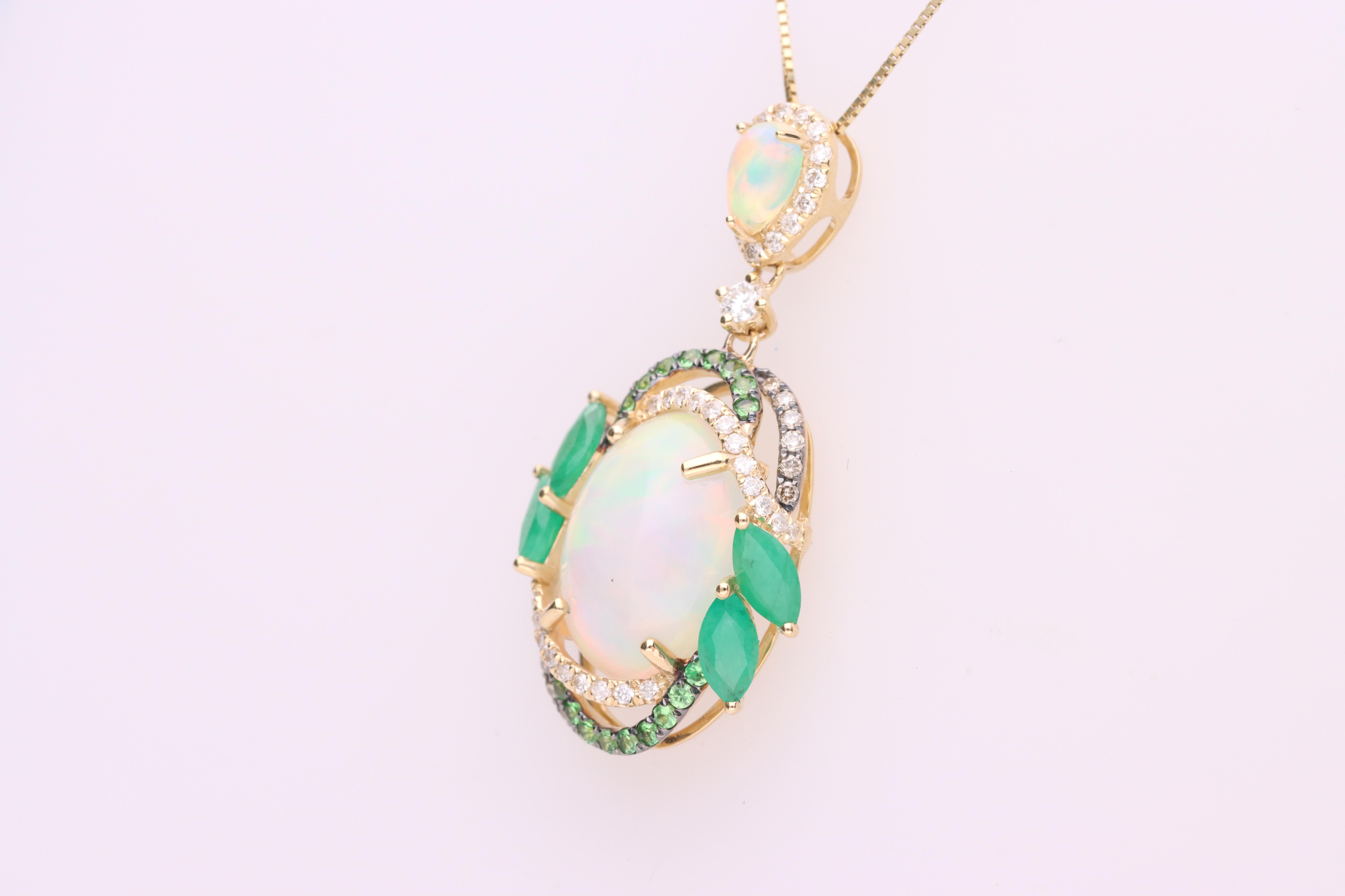 Art Deco 14K Ethiopian Opal and Emerald Halo Pendant with Tsavorites & Diamonds For Sale