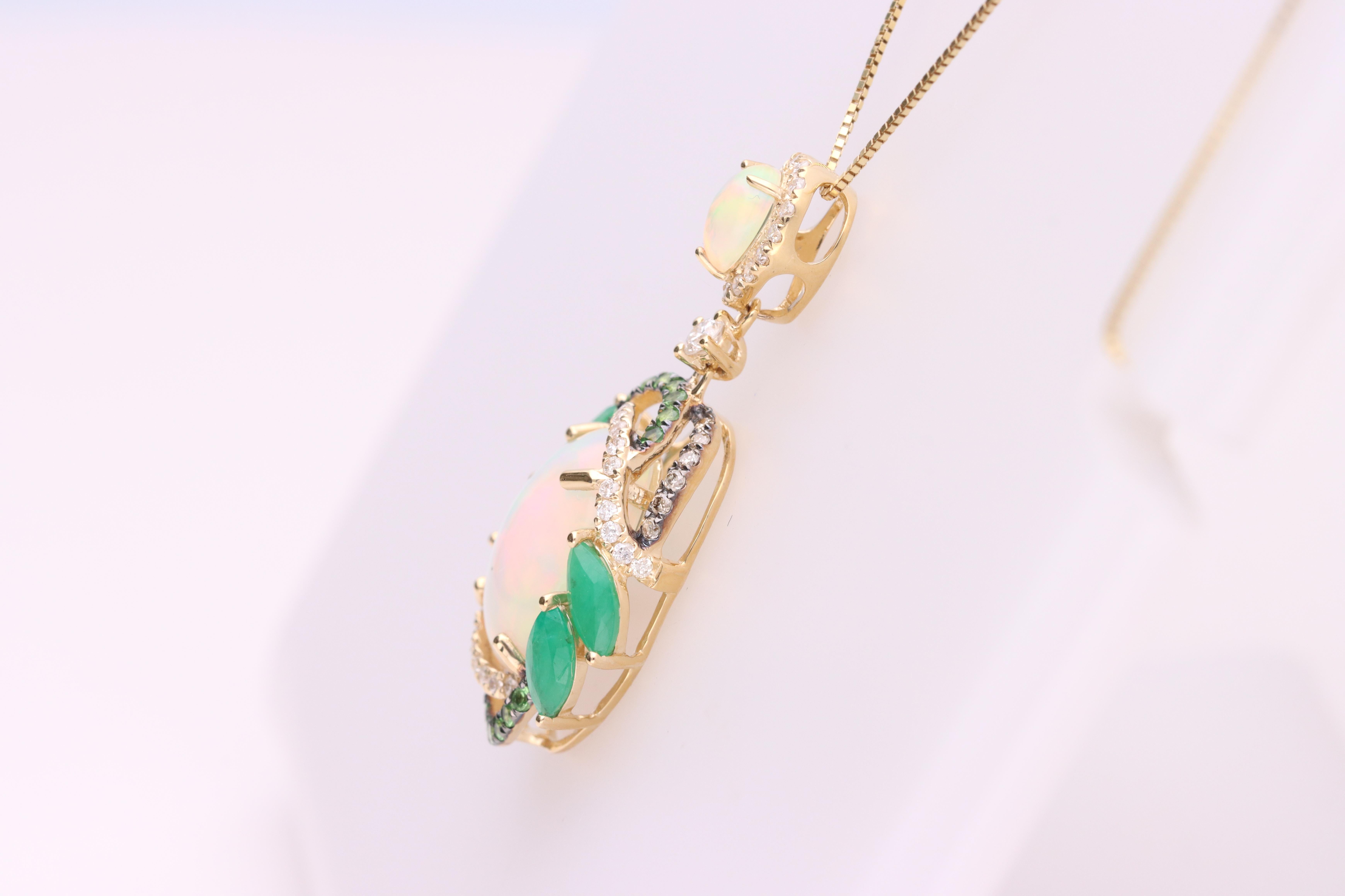 Oval Cut 14K Ethiopian Opal and Emerald Halo Pendant with Tsavorites & Diamonds For Sale