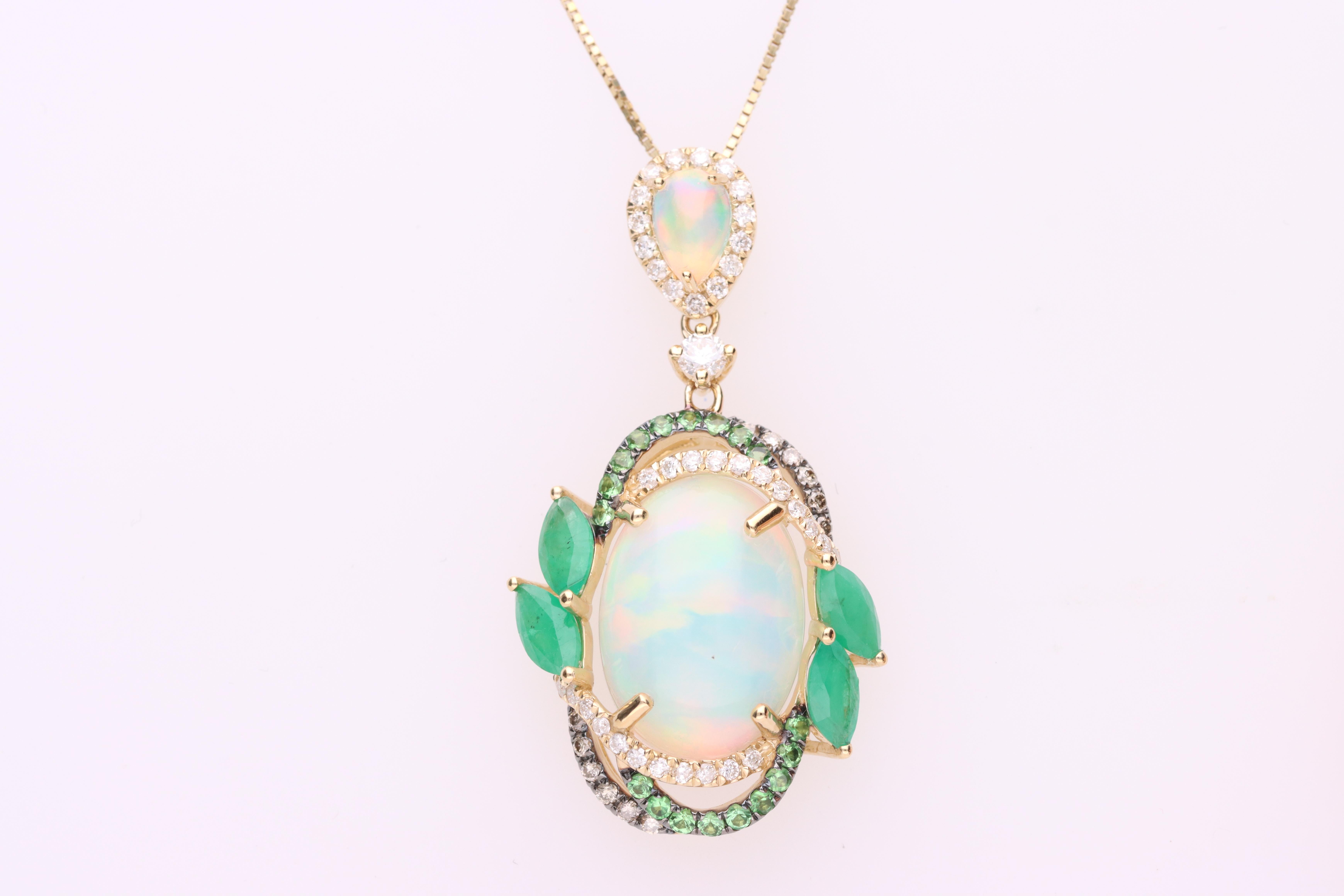 14K Ethiopian Opal and Emerald Halo Pendant with Tsavorites & Diamonds In New Condition For Sale In New York, NY