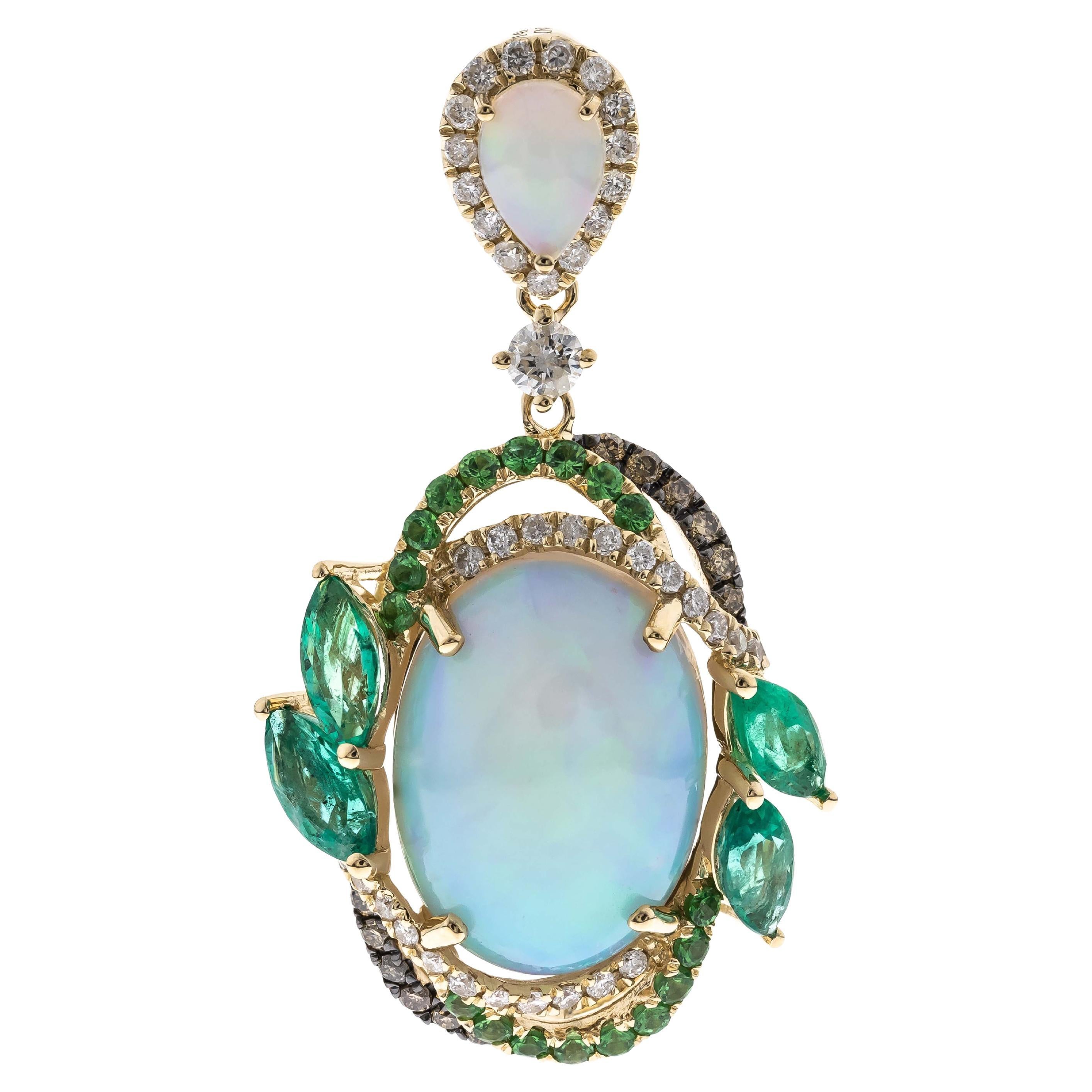 14K Ethiopian Opal and Emerald Halo Pendant with Tsavorites & Diamonds For Sale