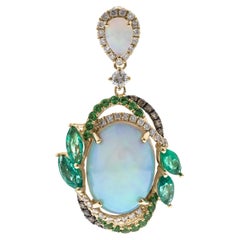 14K Ethiopian Opal and Emerald Halo Pendant with Tsavorites & Diamonds