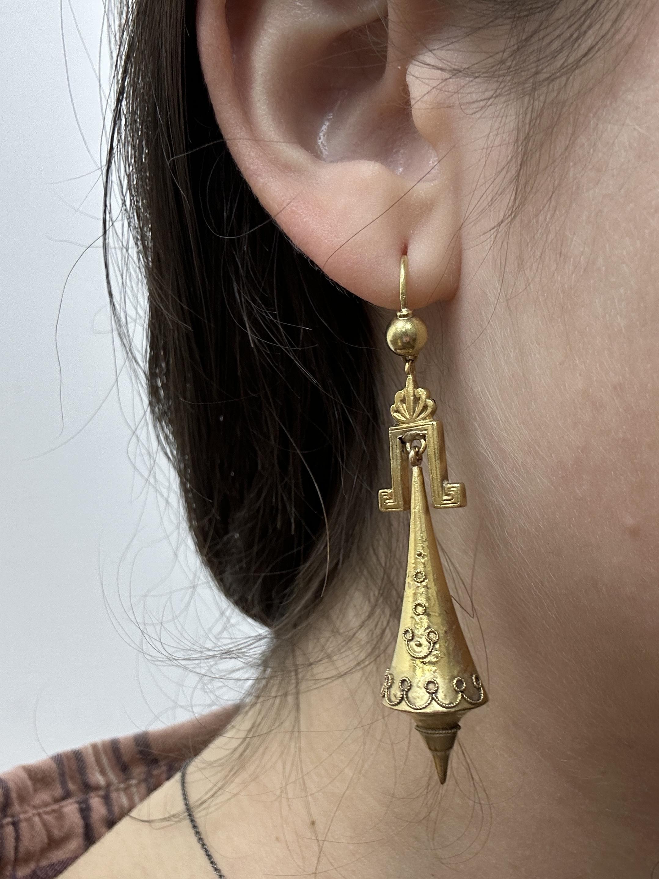 Women's 14k Etruscan Revival Gold Drop Earrings For Sale