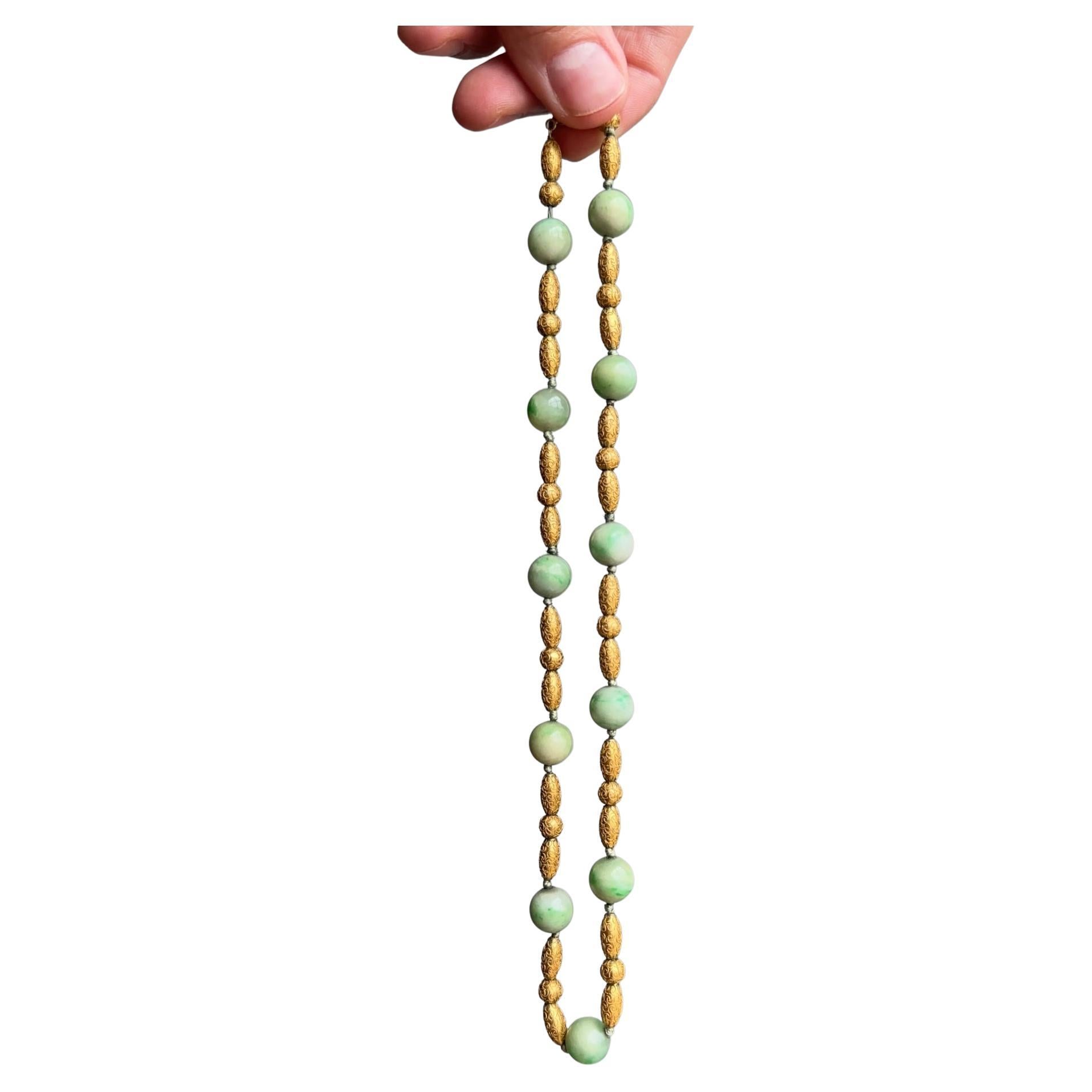 14K Etruscan Revival Jade and Gold Bead Necklace For Sale