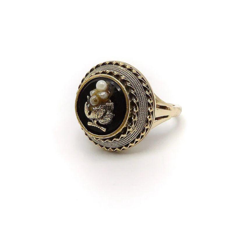 Women's or Men's 14K Etruscan Revival Mourning Ring W/ Onyx Disc & Pearl Grape Cluster For Sale