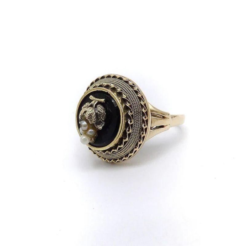 14K Etruscan Revival Mourning Ring W/ Onyx Disc & Pearl Grape Cluster For Sale 1