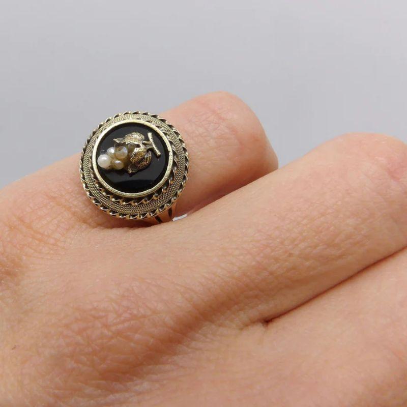 14K Etruscan Revival Mourning Ring W/ Onyx Disc & Pearl Grape Cluster For Sale 4