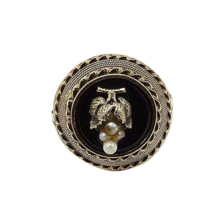 14K Etruscan Revival Mourning Ring W/ Onyx Disc & Pearl Grape Cluster For Sale