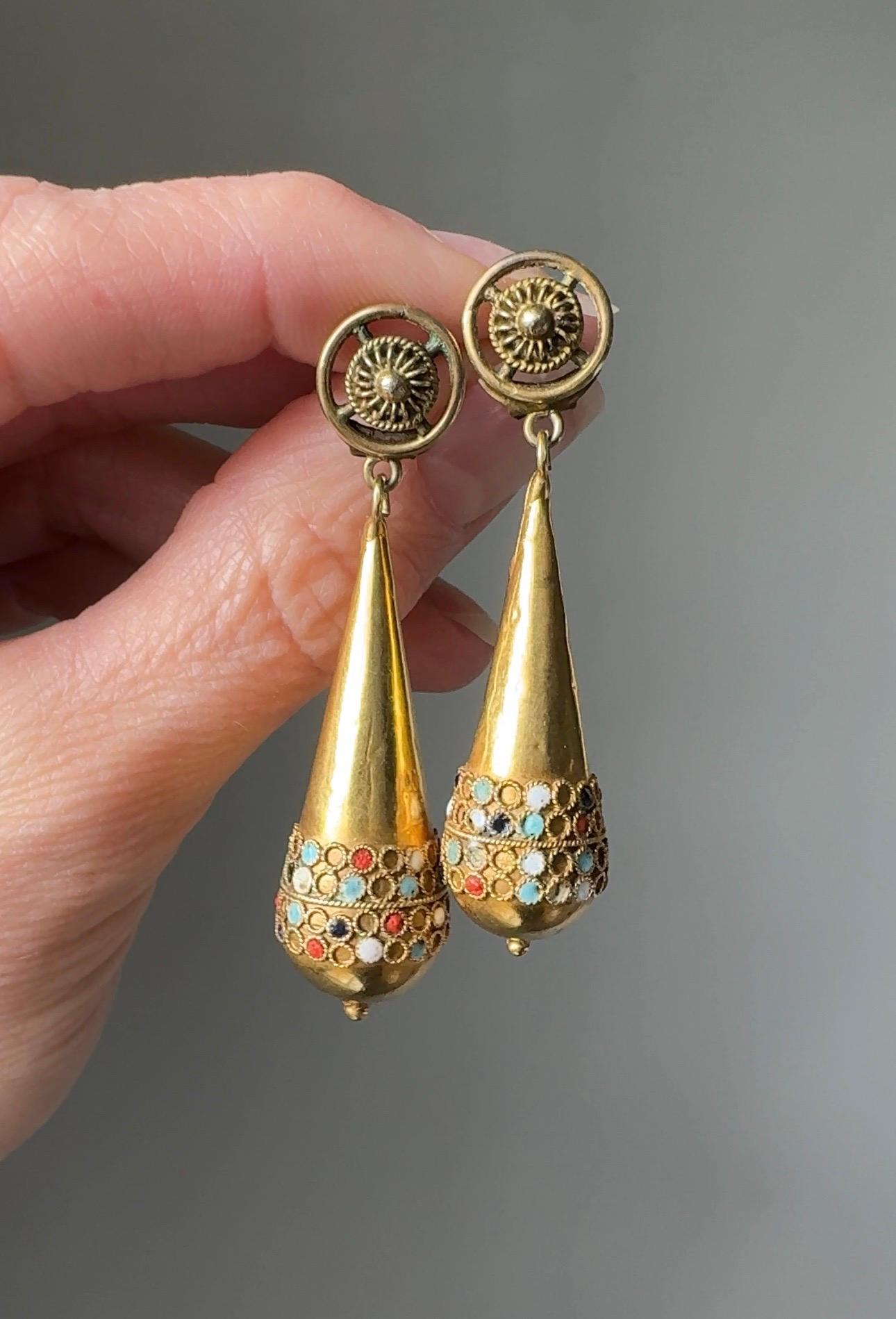 14K Etruscan Revival Torpedo Drop Earrings with Enamel Details - 1880 In Good Condition For Sale In Hummelstown, PA
