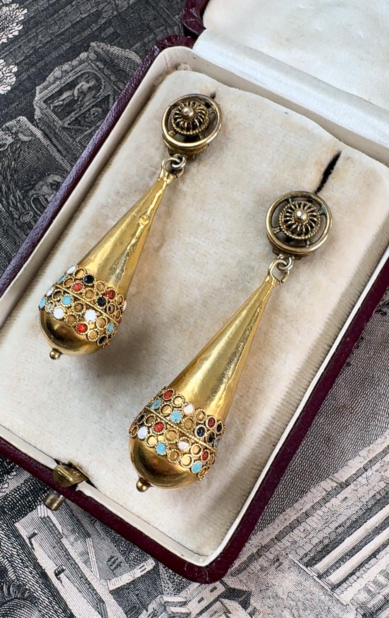 Women's 14K Etruscan Revival Torpedo Drop Earrings with Enamel Details - 1880 For Sale