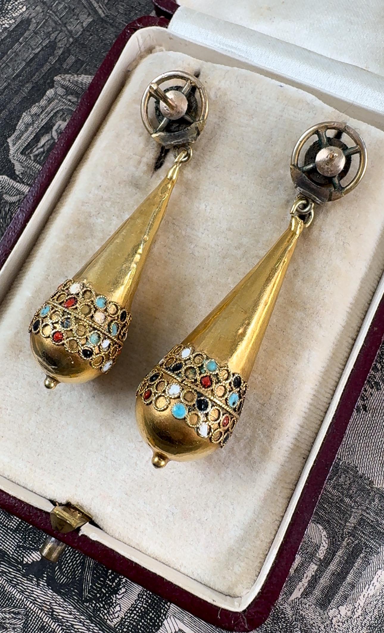 14K Etruscan Revival Torpedo Drop Earrings with Enamel Details - 1880 For Sale 1