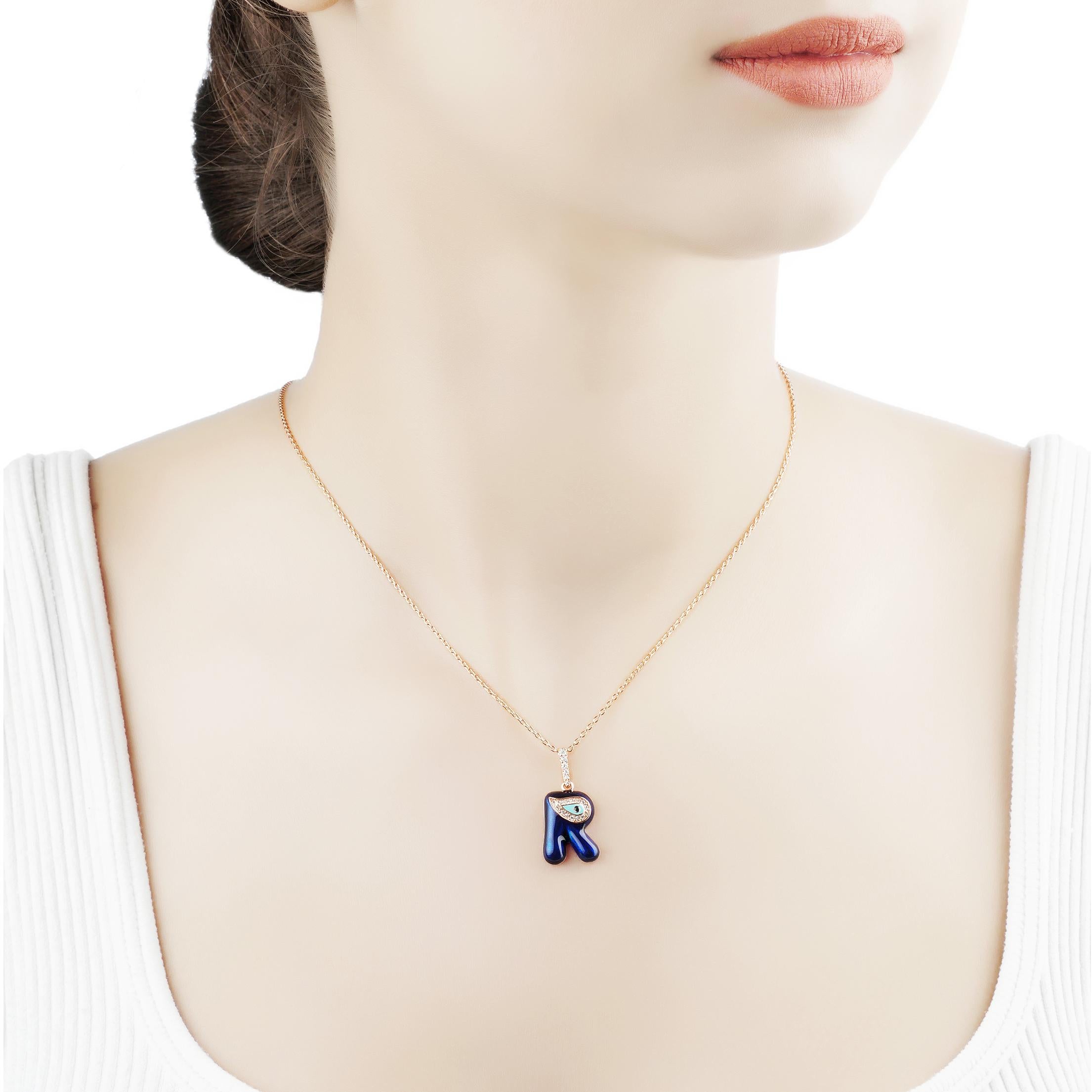 Your Own Personal Evil Eye ID R Letter of Diamonds and Sapphire Necklace by Nazarlique.
A Signature Piece From Our Collection is the Perfect Gift to say Exactly What You Want. 
Personalize Your Jewelry With Your Initials To Tell Your Unique Story.