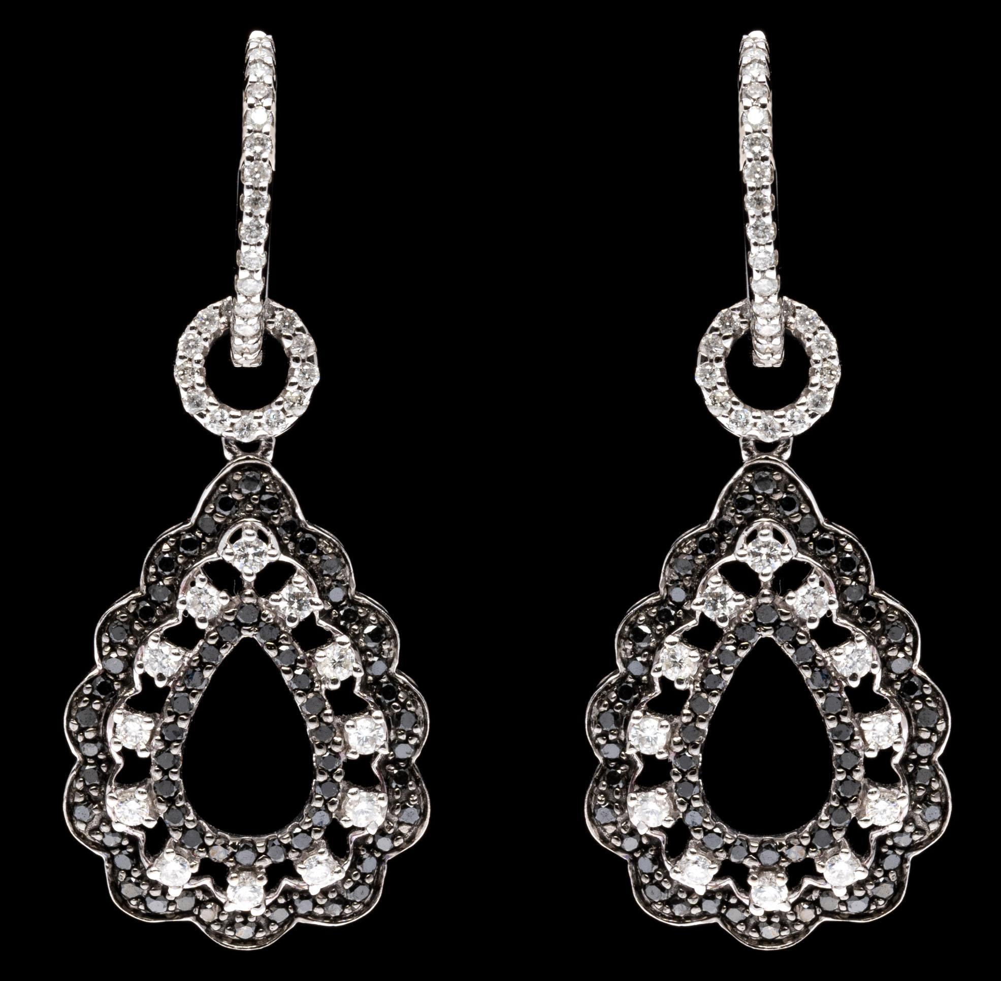 Women's 14k Fabulous Black and White Diamond Pear Scalloped Pendant Earrings, 1.97 TCW For Sale