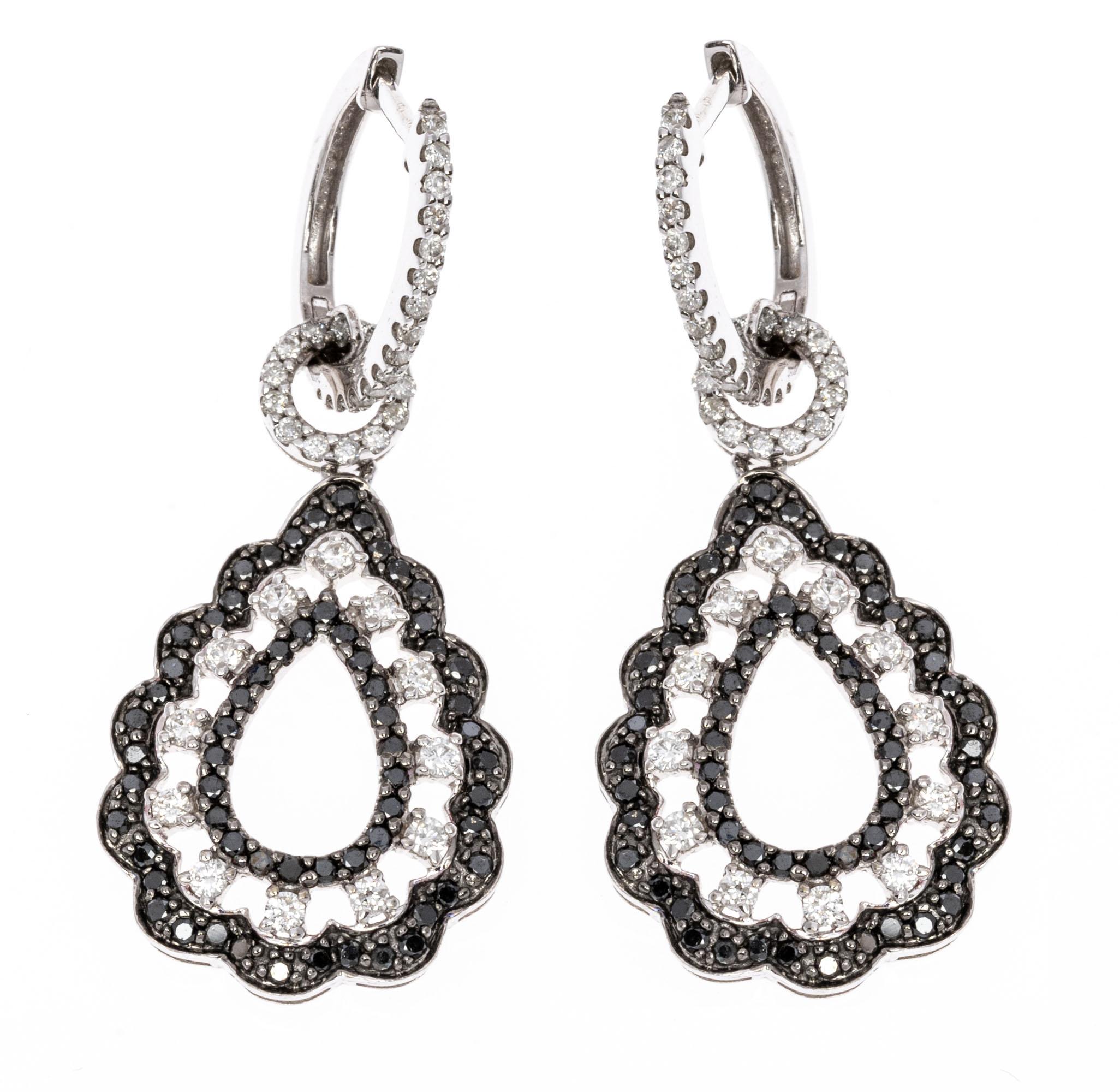 14k Fabulous Black and White Diamond Pear Scalloped Pendant Earrings, 1.97 TCW For Sale 2