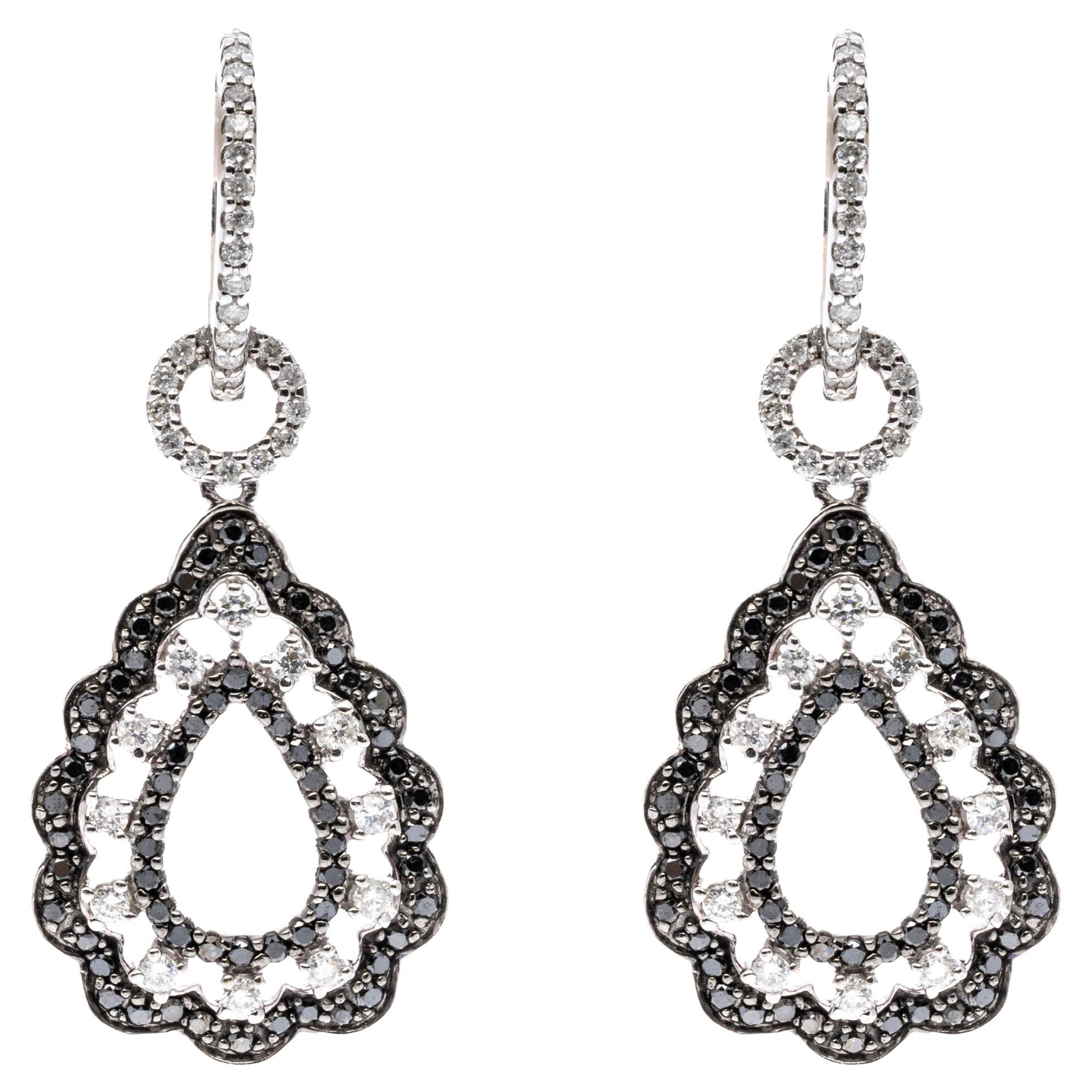 14k Fabulous Black and White Diamond Pear Scalloped Pendant Earrings, 1.97 TCW For Sale