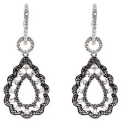14k Fabulous Black and White Diamond Pear Scalloped Pendant Earrings, 1.97 TCW